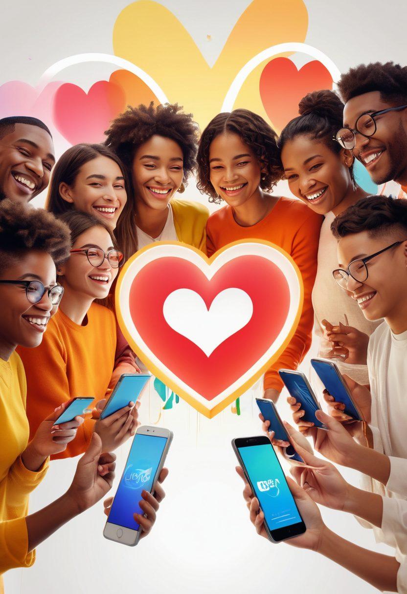 A vibrant scene depicting diverse people happily connecting through technology, surrounded by colorful elements symbolizing joy and unity. Include smiling faces, digital devices, and abstract representations of connections like glowing lines or heart shapes. The backdrop should be bright and cheerful, emphasizing a positive atmosphere. super-realistic. vibrant colors. white background.