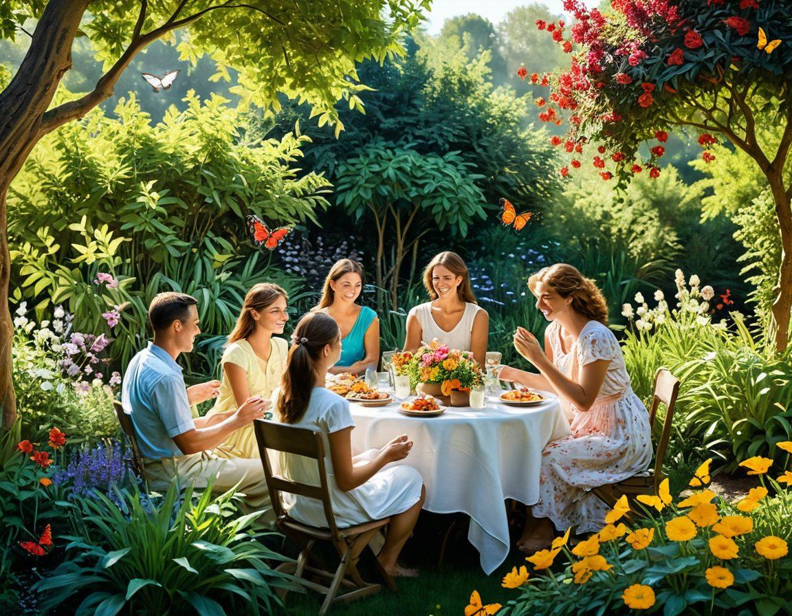 A serene garden scene illustrating tranquility, featuring diverse individuals engaging in joyful activities like planting, meditating, and sharing meals. Soft sunlight filters through lush greenery, casting gentle shadows on vibrant flowers. Include elements that symbolize happiness, such as butterflies and smiling faces. The overall atmosphere should evoke warmth and peace. Impressionist style. vibrant colors.