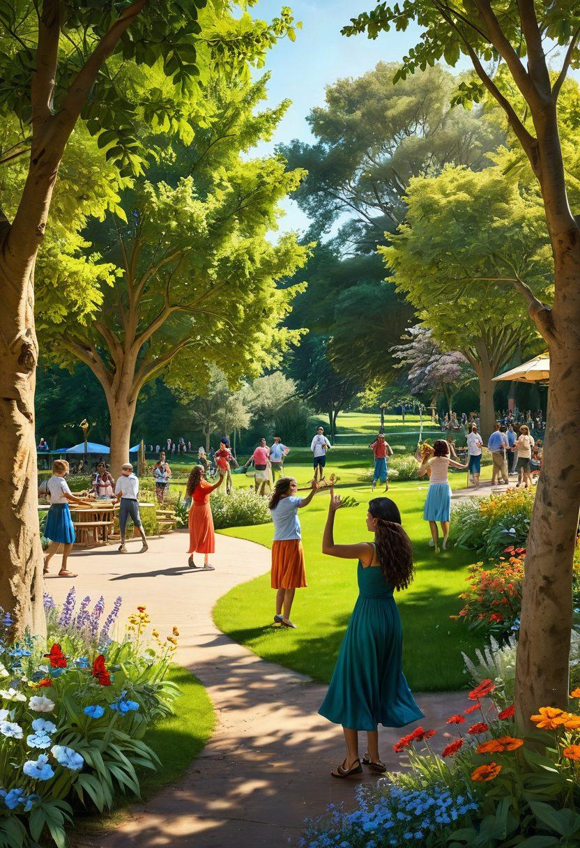 A serene community scene featuring diverse individuals engaged in joyful activities like dancing, gardening, and sharing meals in a lush green park. Soft sunlight filters through trees, creating a warm, inviting atmosphere. Emphasize the sense of connection and happiness among people, with vibrant colors representing joy and vitality. Incorporate elements like floating butterflies and blooming flowers to enhance the blissful vibe. super-realistic. vibrant colors. warm tones.